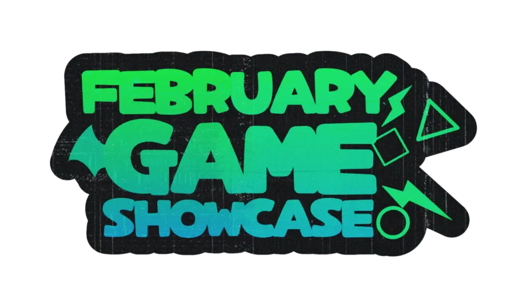 February Game Showcase logo with bold green gradient text reading “February Game Showcase” on a dark textured background, featuring simple geometric shapes and a lightning bolt accent.