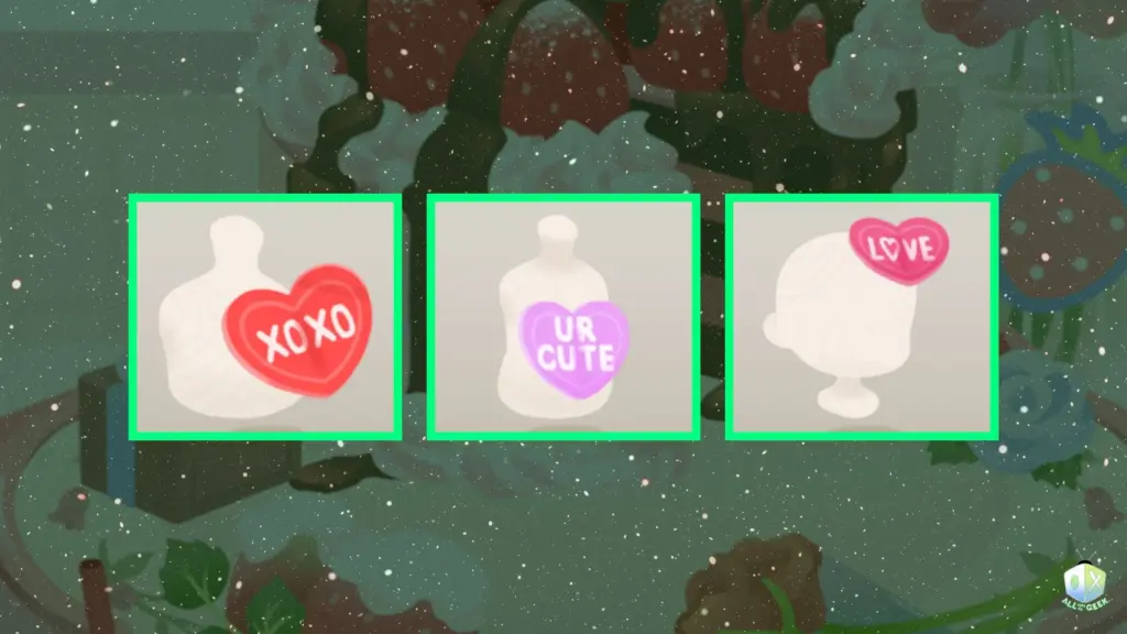 Three Valentine heart message items in Livly Island, showing red and pink heart cards labeled “XOXO,” “UR CUTE,” and “LOVE,” displayed on hom avatar silhouettes.