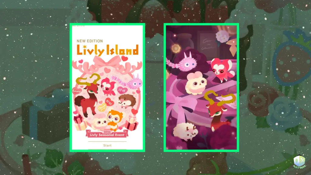 Livly Island Valentine’s Day loading screens for the 2026 seasonal event, featuring pastel artwork of livlies, gift boxes, heart decorations, and a strawberry-themed café setting.
