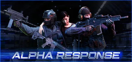 Alpha Response promotional image showing tactical police operators aiming rifles while escorting a civilian character in a modern urban combat setting.