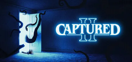 CAPTURED II horror image showing a dimly lit room with tentacle-like shadows reaching through a doorway beneath the glowing game title.