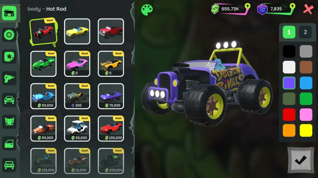 Vehicle customization interface in DeGen Rivals displaying a purple monster-style kart with large wheels while players select body styles, colors, and upgrades from a grid of vehicle options.