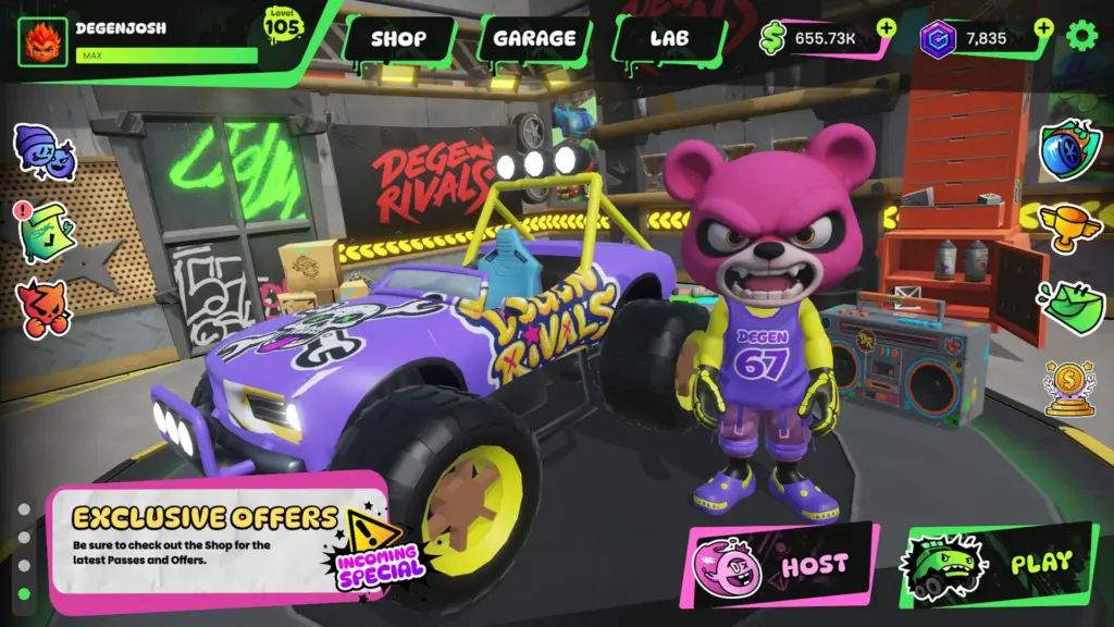 DeGen Rivals garage screen showing a pink bear character avatar standing next to a customized purple kart inside a neon-lit workshop with menu options for shop, garage, and lab customization.
