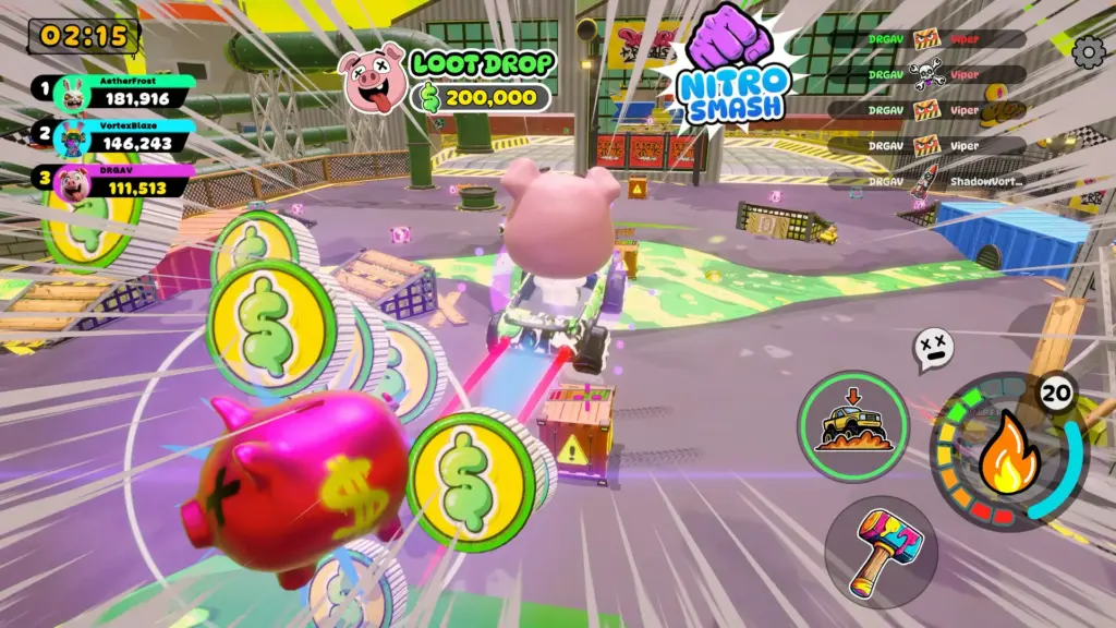Gameplay screenshot from DeGen Rivals showing a kart arena battle with a pink bear character driving through a chaotic map while coins, loot drops, and power-ups appear across the screen during an eight-player match.