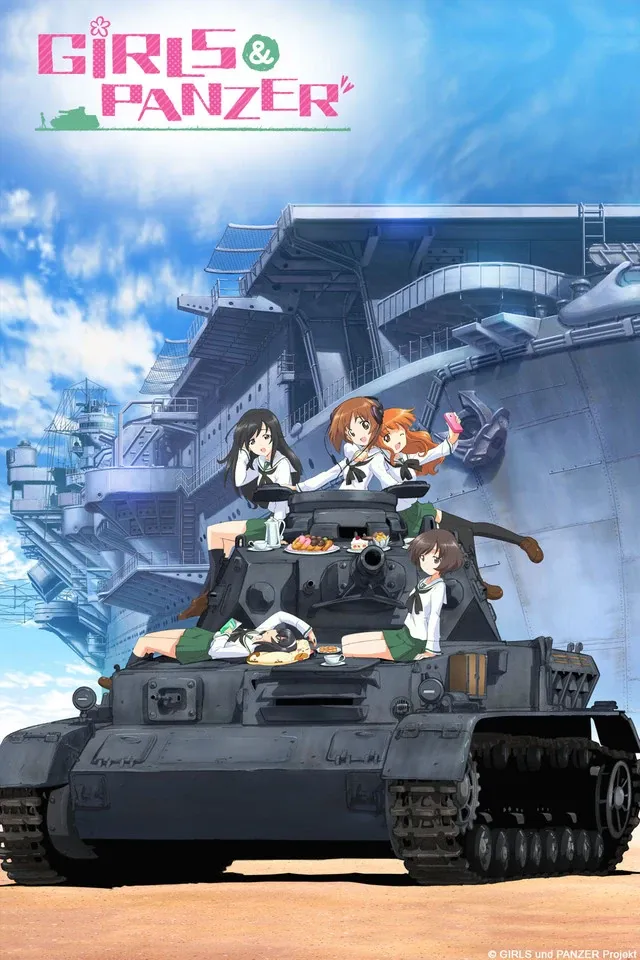 HiDive exclusive anime Girls & Panzer anime poster showing several schoolgirls in uniforms sitting and relaxing on top of a tank while a large aircraft carrier looms behind them under a bright blue sky.