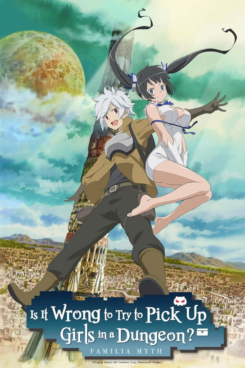  HiDive exclusive anime Is It Wrong to Try to Pick Up Girls in a Dungeon? anime poster showing Bell and Hestia standing back-to-back above a fantasy city with a tall tower and a large moon in the sky.