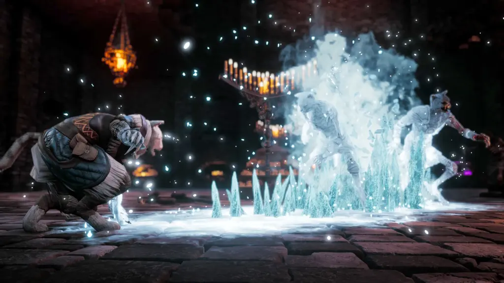 A feline mage casts an ice spell that freezes enemies during combat inside a cathedral-like chamber in Kristala.