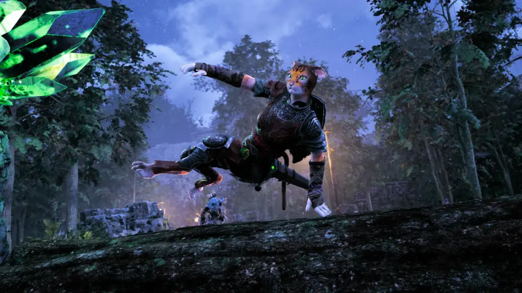 A cat warrior leaps across a fallen tree while exploring a forest environment near glowing green Kristals in Kristala.