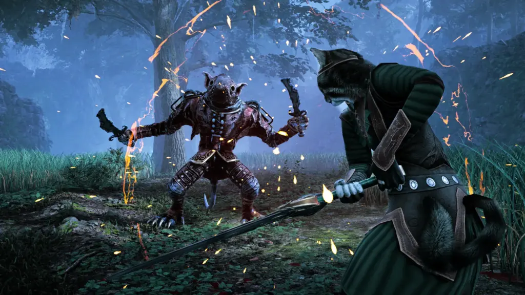 A feline warrior battles a hostile enemy in a forest clearing during a close-quarters sword fight in Kristala.