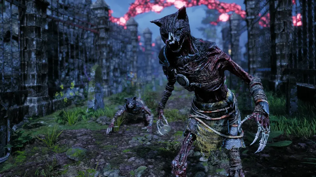 Undead feline creatures corrupted by a dark curse approach through ruined stone pathways in the dark fantasy world of Kristala.