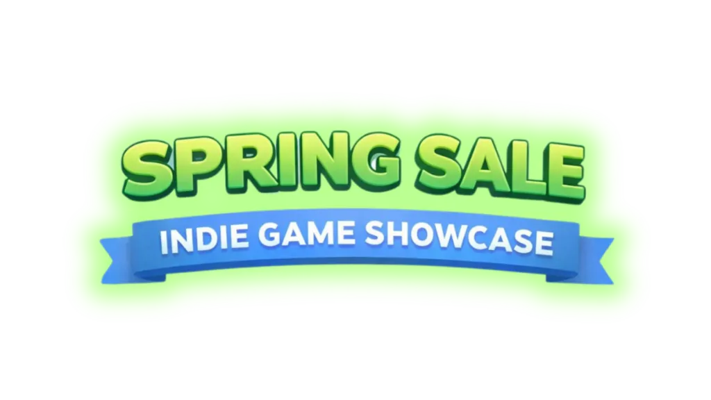 Green “Spring Sale” banner with a blue ribbon reading “Indie Game Showcase” in bold text. Steam logo.