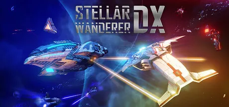Stellar Wanderer DX space combat artwork featuring detailed spacecraft flying through a bright galaxy while firing lasers during a space battle.