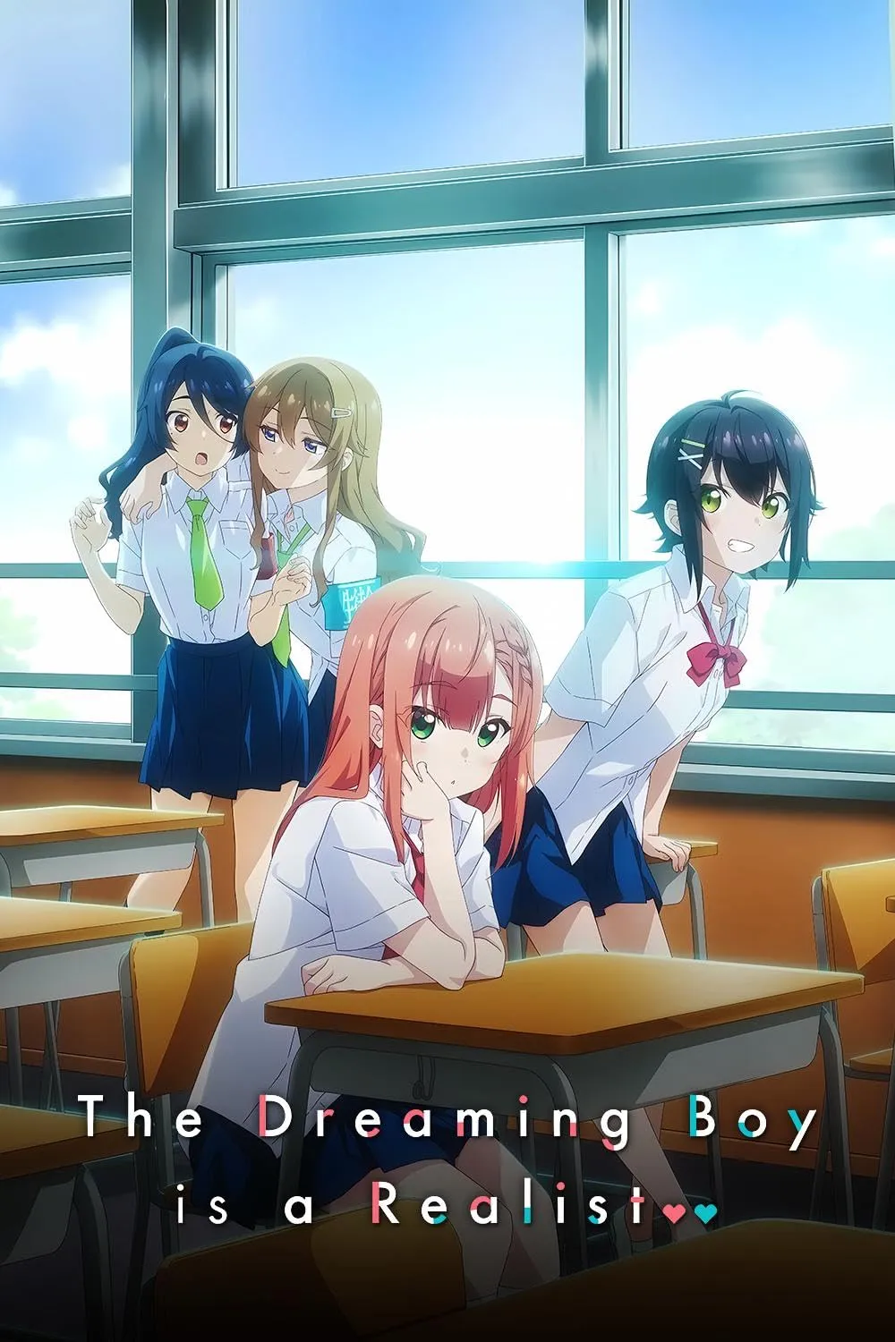 HiDive exclusive anime The Dreaming Boy Is a Realist anime poster showing four high school girls in uniforms inside a bright classroom, with one pink-haired girl sitting at a desk while the others stand and talk near the window.