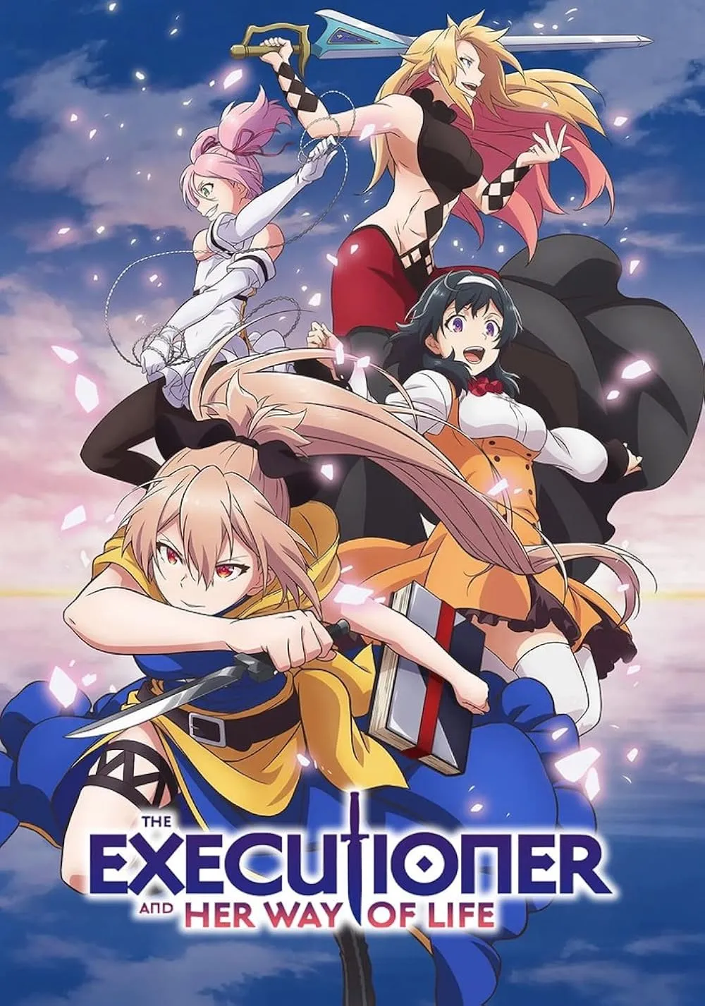 HiDive exclusive anime The Executioner and Her Way of Life anime poster showing four female characters posing with weapons, including swords and knives, against a sky filled with floating petals.