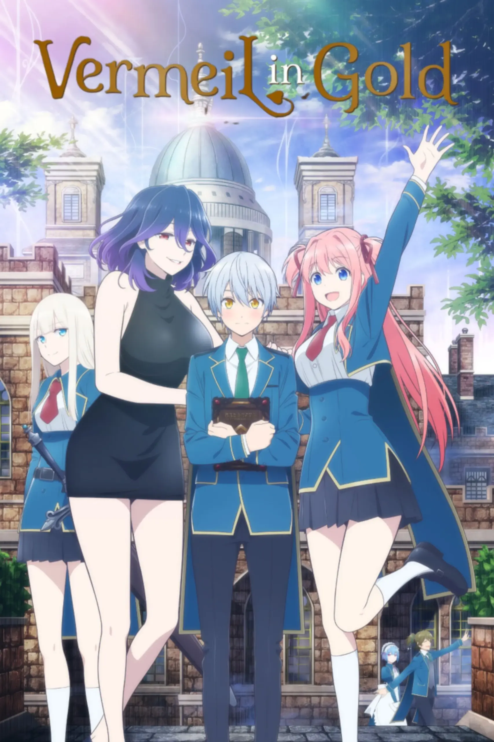 Vermeil in Gold anime poster showing a silver-haired student holding a magical book while a tall purple-haired demon woman in a black dress and a pink-haired classmate stand beside him in front of a fantasy academy building.
