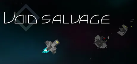 Void Salvage pixel art space scene showing small ships flying through a dark starfield while the Void Salvage title appears above the gameplay area.