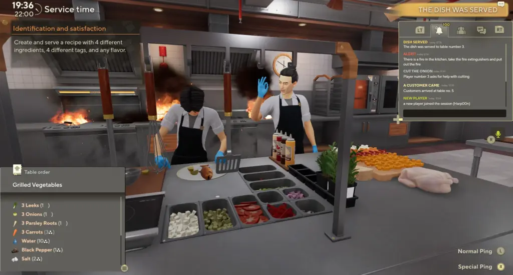 Gameplay screenshot from Cooking Simulator 2: Better Together showing two chefs working in a busy kitchen while a fire breaks out in the background, with ingredients prepped on the counter and order details displayed on screen.
