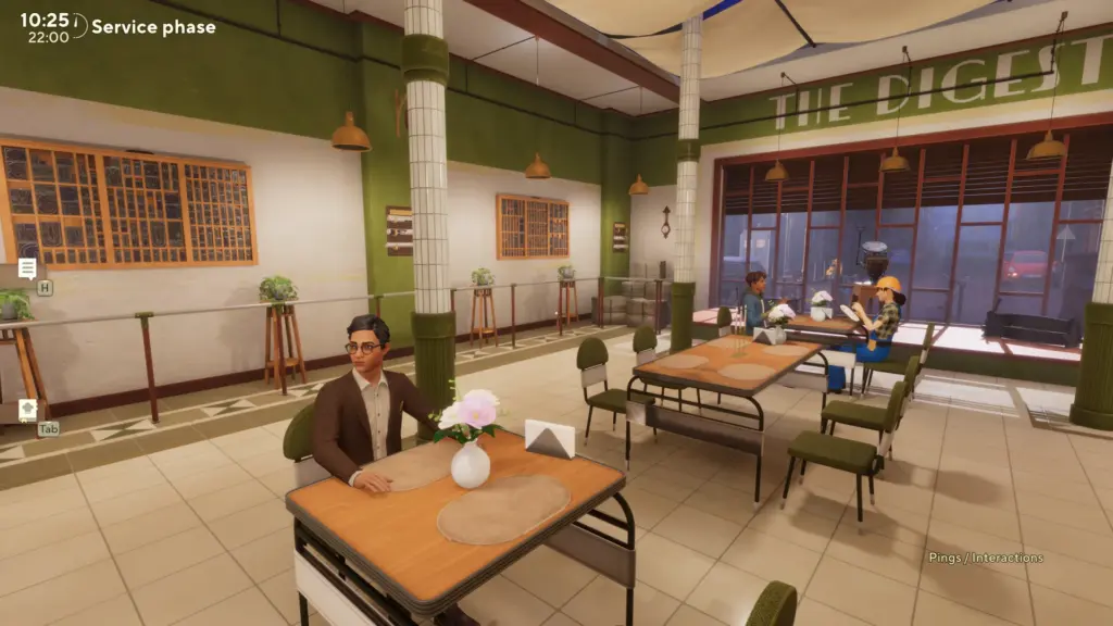 Dining area screenshot from Cooking Simulator 2: Better Together showing guests seated at tables inside the restaurant, with a calm service phase and staff interacting in the background.
