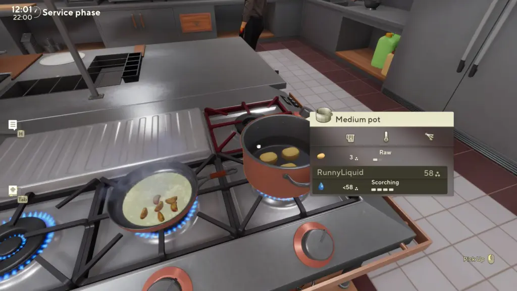 Cooking gameplay screenshot from Cooking Simulator 2: Better Together showing a stovetop with a frying pan and pot in use, tracking heat levels and cooking states while ingredients cook in real time.