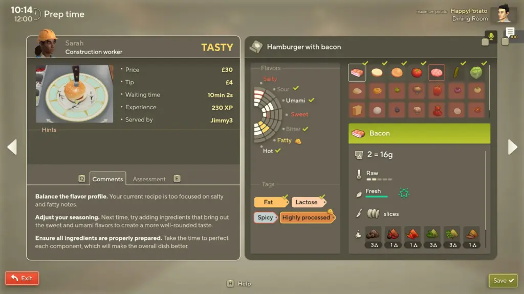 Recipe and evaluation screen from Cooking Simulator 2: Better Together showing a hamburger dish breakdown, including flavor balance, ingredient selection, tags, and feedback on seasoning and preparation.