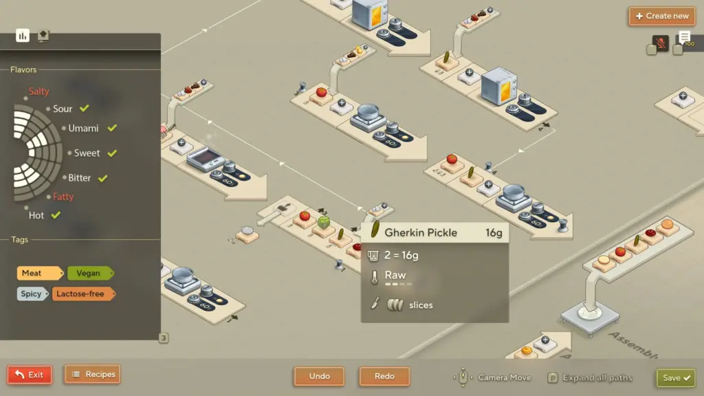 Recipe blueprint system screen from Cooking Simulator 2: Better Together showing a flowchart-style layout where ingredients and cooking steps are arranged, with flavor balance and dietary tags displayed on the side.