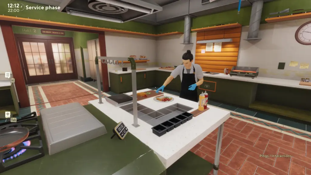 Kitchen gameplay screenshot from Cooking Simulator 2: Better Together showing a chef plating a dish at a prep station, with ingredients organized nearby and cooking equipment ready in the background.