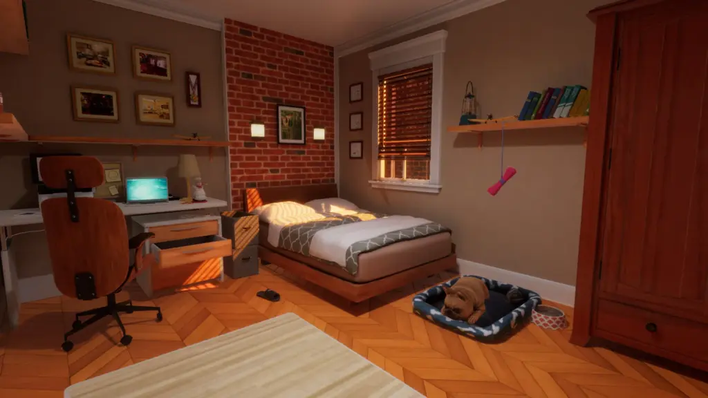 In-game apartment scene from Cooking Simulator 2: Better Together showing a cozy bedroom with a desk setup, warm lighting, a neatly made bed, and a dog resting in a pet bed on the floor.