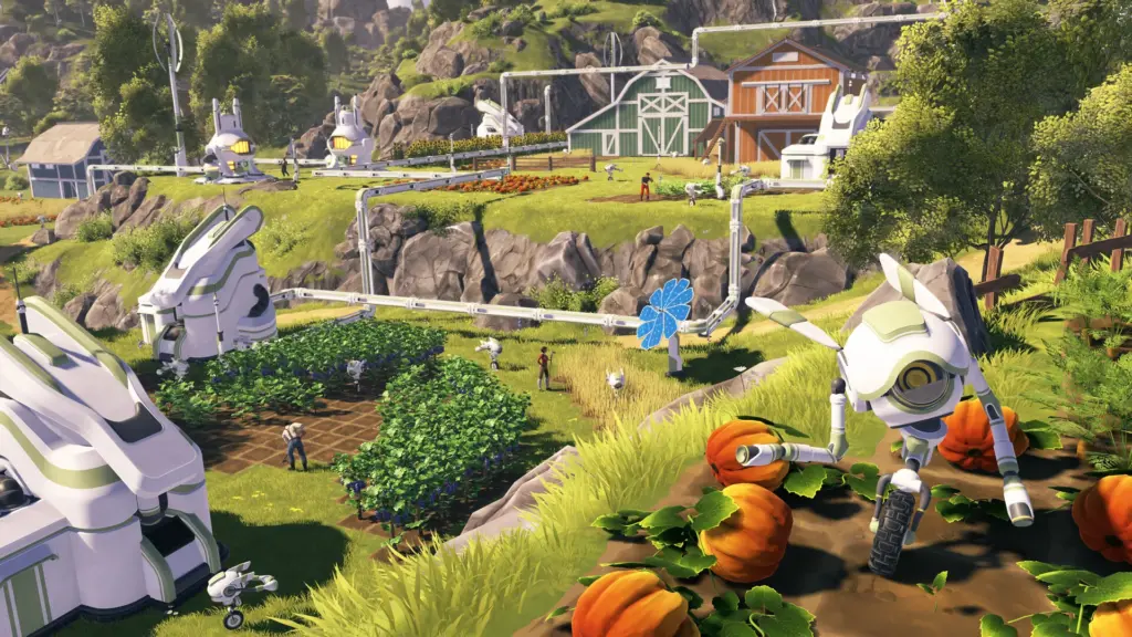 Farmbotic gameplay showing a large hillside farm with automated robots tending crops, pipes connecting systems, and barns in the background.