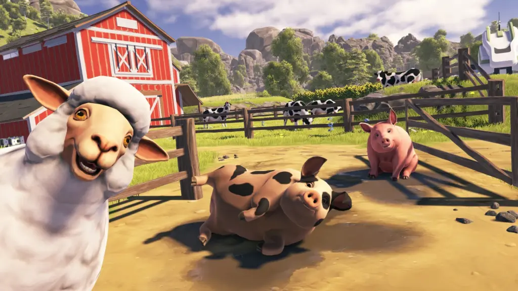 Farmbotic animal area with a sheep and pigs in a fenced farmyard, with cows grazing near a red barn in the distance.