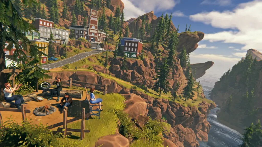 Farmbotic landscape view of a small town built along cliffs with trees, roads, and a river running through the valley below.
