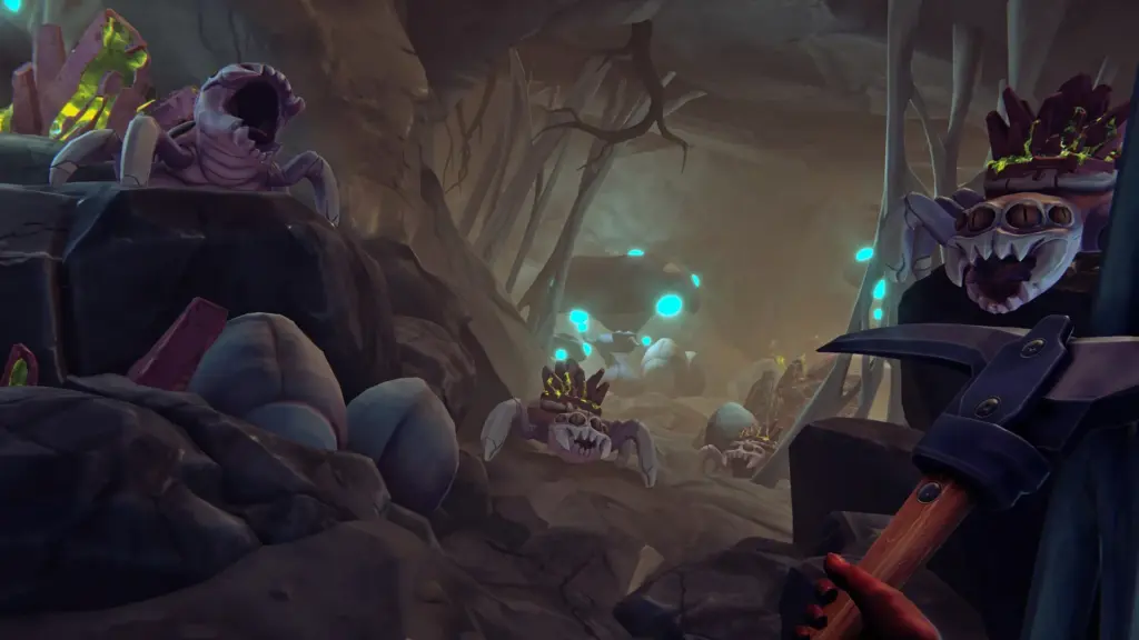 Mine exploration scene in Farmbotic showing spider-like enemies among rocks and glowing crystals as the player holds a pickaxe.