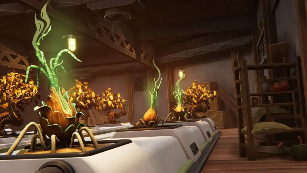 Indoor Farmbotic setup featuring glowing mutated plants growing in controlled machines inside a dim workshop space.