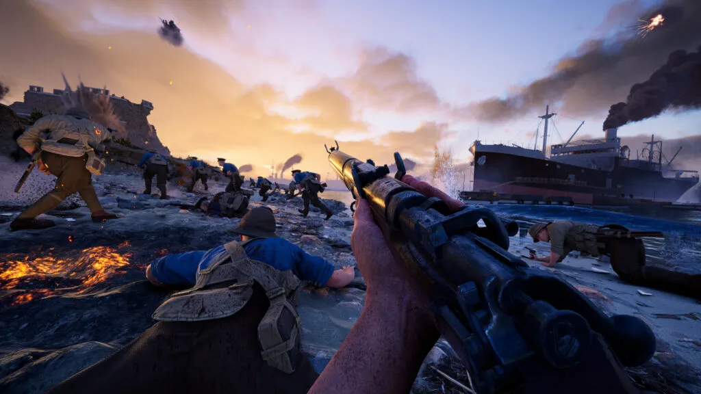 First-person view of a WW1 beach landing, soldiers rushing forward under fire as explosions hit the shoreline and a large ship looms in the background.