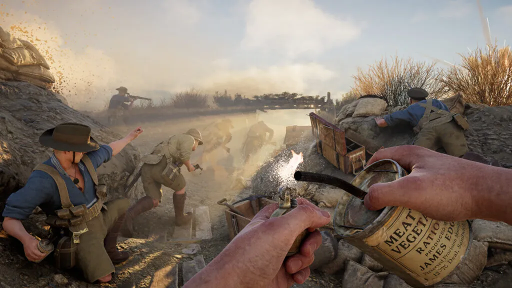 First-person view of a WW1 trench assault, a soldier lighting a grenade while teammates push forward through dust and gunfire in a narrow battlefield.