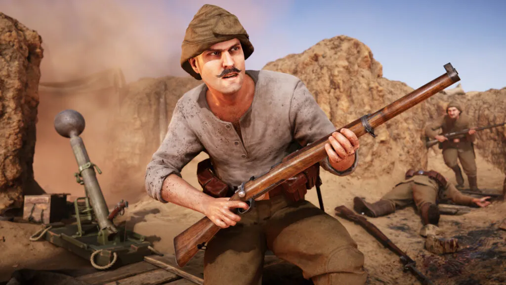 Soldier crouched in a desert battlefield holding a bolt-action rifle, with a mortar nearby and other troops moving through a dusty combat zone in the background.