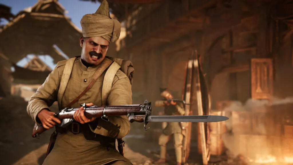 Soldier in Ottoman uniform gripping a rifle with a fixed bayonet, advancing through a burning street as another fighter moves behind him in the haze.