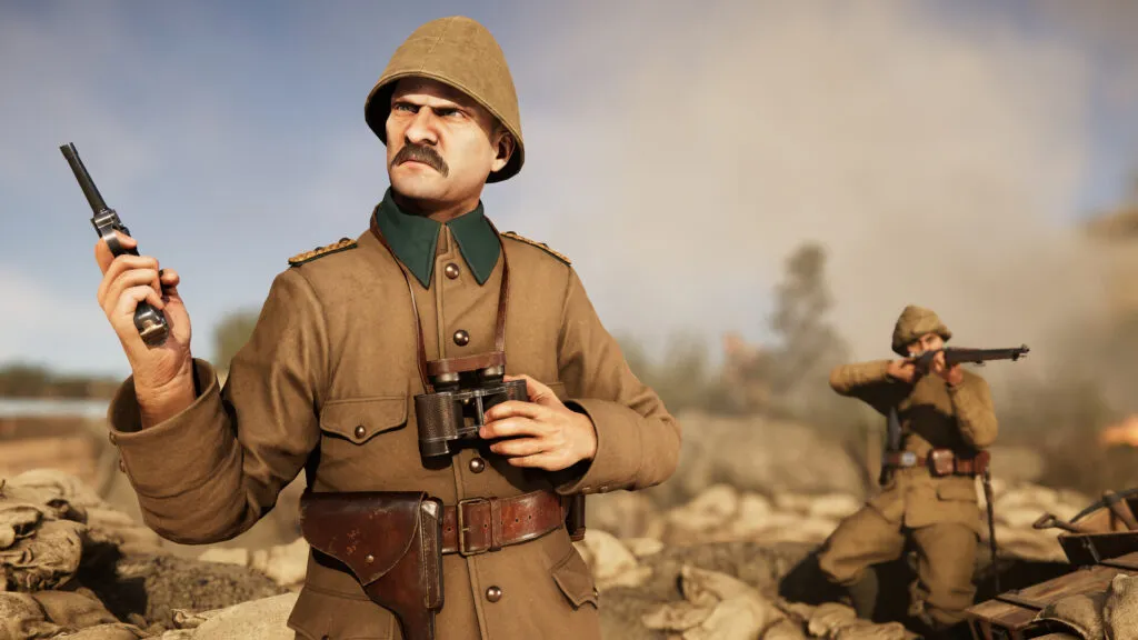 Officer in WW1 uniform holding a pistol and binoculars, standing in a rocky battlefield while a soldier behind him aims a rifle toward the distance.