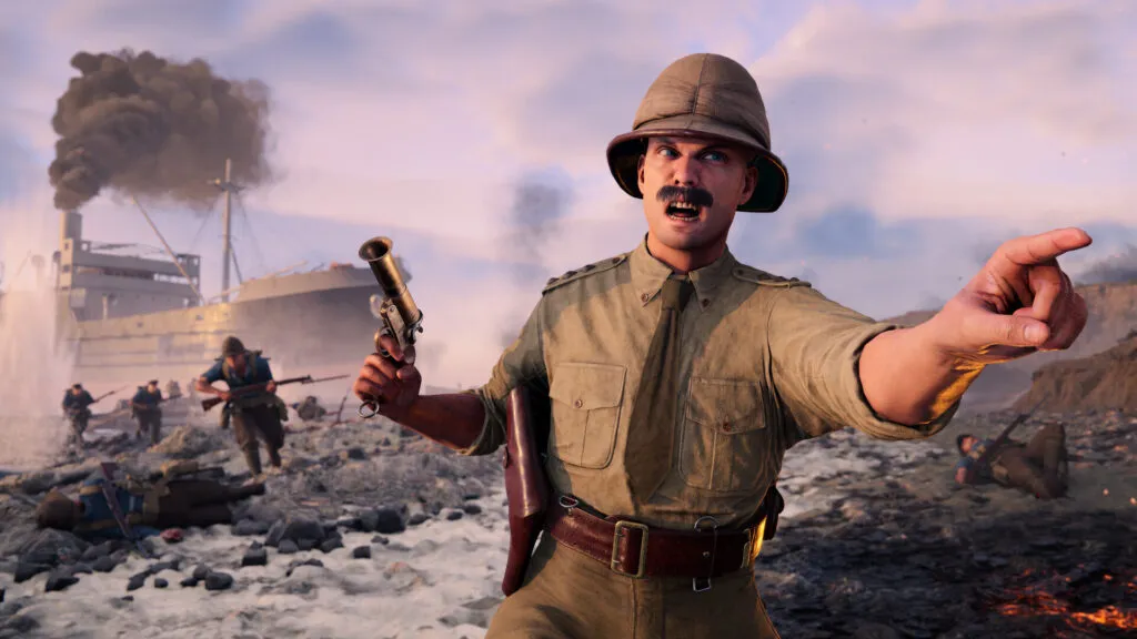 Officer on a WW1 beach battlefield pointing ahead while holding a pistol, directing soldiers advancing from a landing ship through smoke and scattered debris.