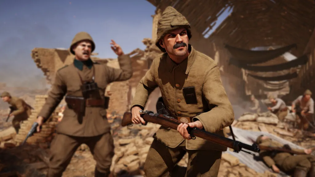Two soldiers move through a разрушed urban battlefield, one in the foreground gripping a rifle and scanning ahead while another behind him gestures urgently, with debris, smoke, and fallen troops around them.