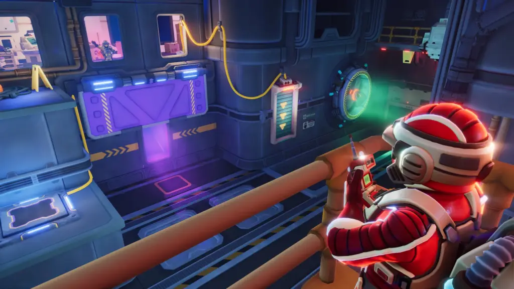 Astronaut looks through a window into another room while holding a walkie-talkie, coordinating with a partner across separate puzzle areas.