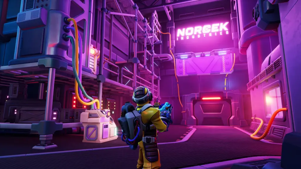Astronaut explores a machinery-filled room with glowing cables and panels, using a device to interact with the environment and advance the puzzle.