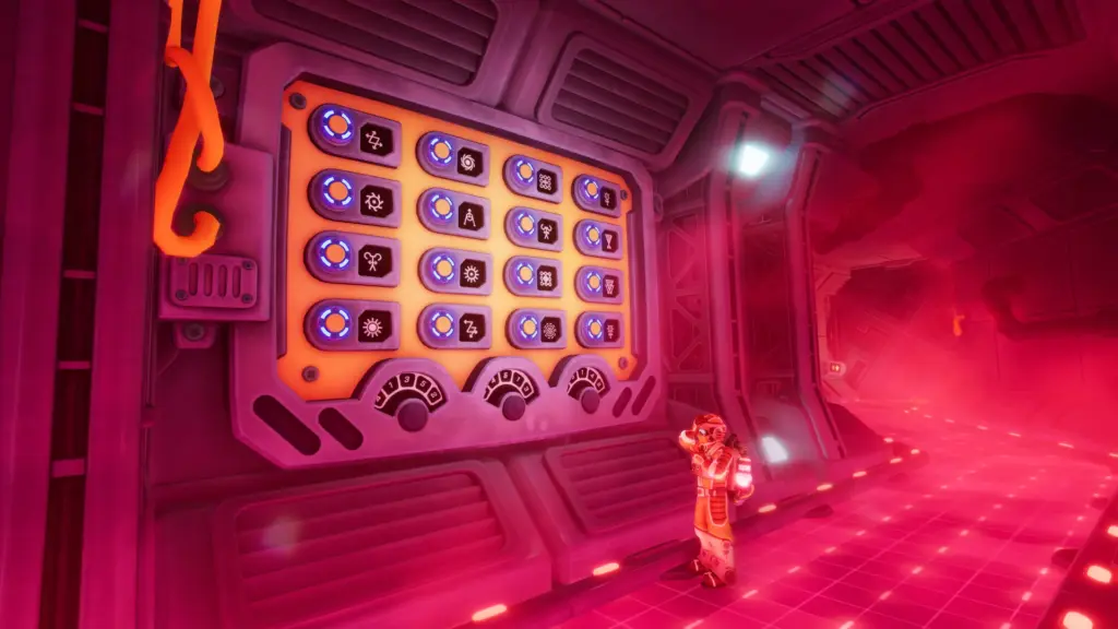 Astronaut stands in a red-lit corridor facing a large wall panel filled with symbols and dials, preparing to solve a puzzle.