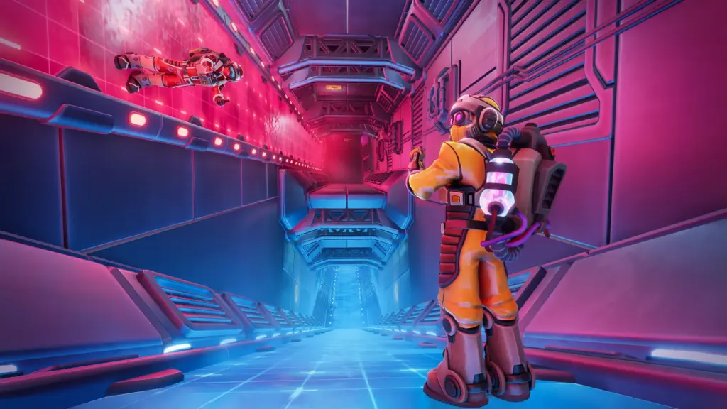 Two astronauts navigate a neon corridor, one floating while the other moves forward, both communicating to progress through the facility.