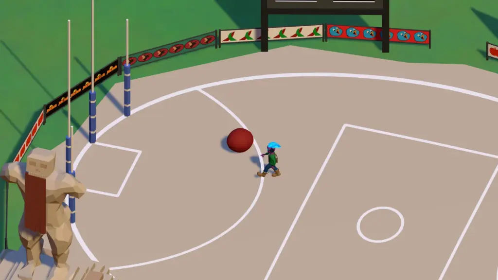 Stylized top-down view of a character walking across an empty basketball court toward a large red ball, with a statue standing near the hoop. Screenshot from Lighthaze World game.