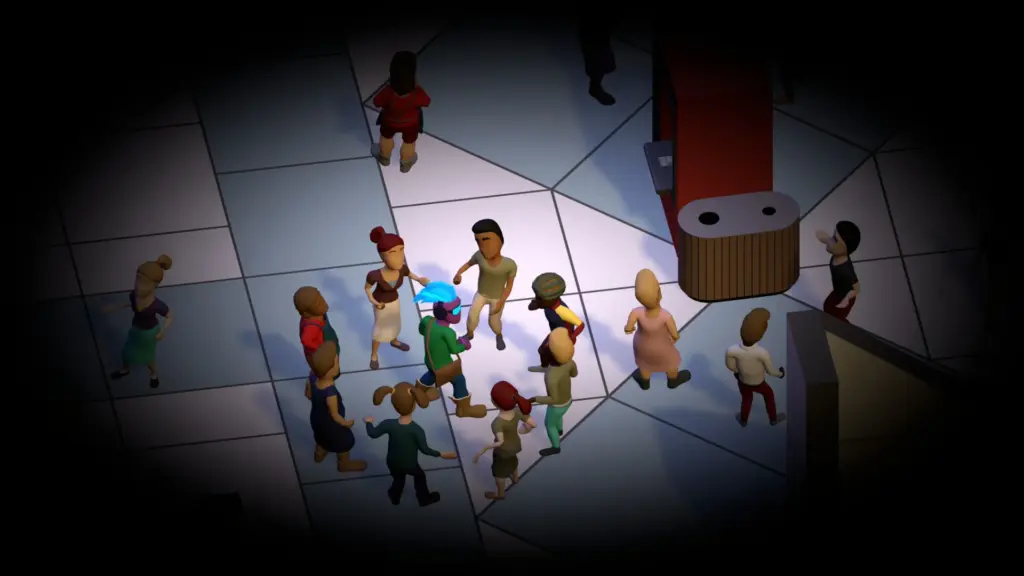 Top-down view of a crowded shopping mall floor where a small character stands surrounded by people, with the scene darkened at the edges to reflect anxiety and isolation.  Screenshot from Lighthaze World game.