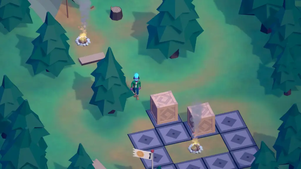 Top-down view of a forest puzzle area with a character near wooden crates, campfires, and tiled paths surrounded by pine trees. Screenshot from Lighthaze World game.