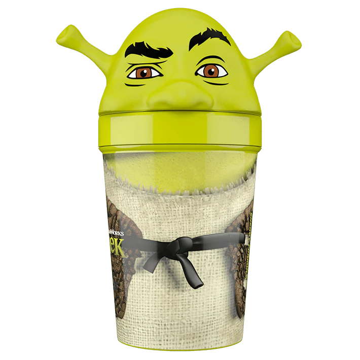 Close-up of the Shrek G FUEL shaker cup designed with ogre ears, thick eyebrows, and burlap-style costume details inspired by Shrek’s outfit.