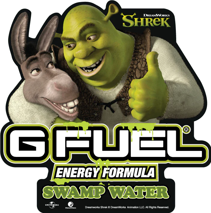 Shrek G FUEL Swamp Water tub featuring DreamWorks Shrek and Donkey artwork with green branding and sugar-free energy formula labeling.