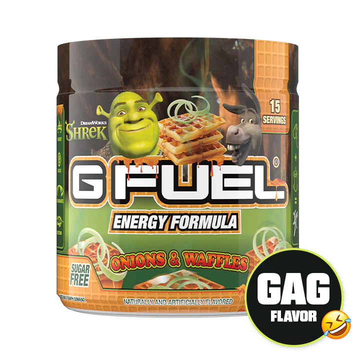 Shrek G FUEL “Onions & Waffles” gag flavor box with waffle graphics, green onion rings, and DreamWorks character artwork from the 2001 animated film.