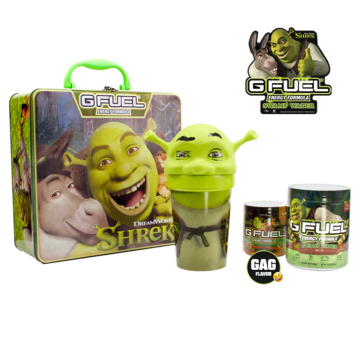 Shrek G FUEL Collector's Box with lunch box, Swamp Water energy formula tub, gag flavor packet, and Shrek-themed shaker cup
